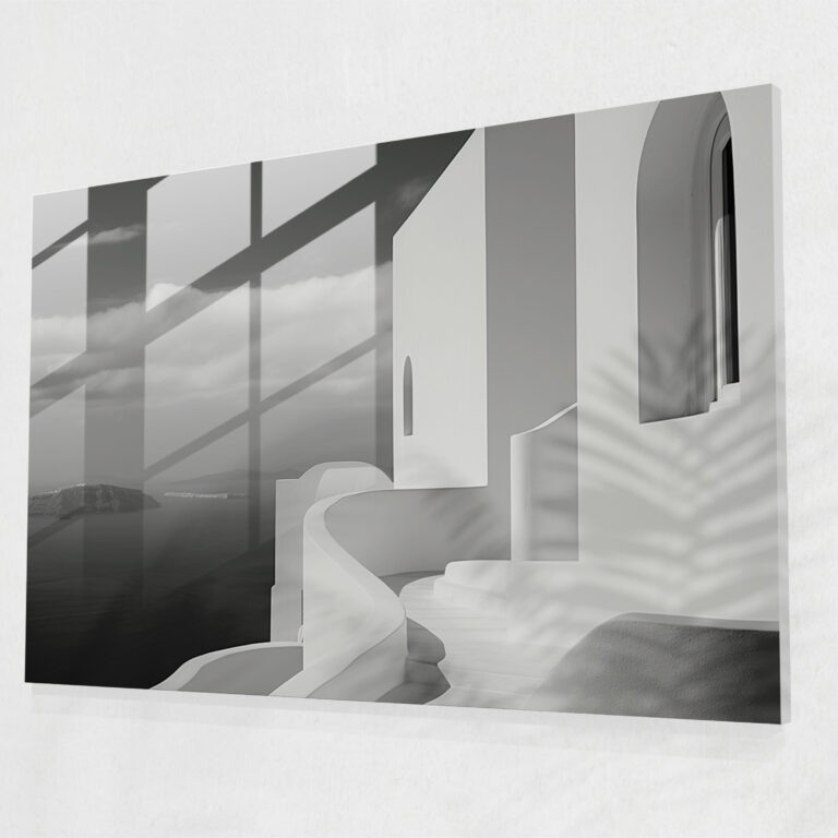 Santorini Wall Decoration - Timeless Black & White Photo - Santorini, Wall Decoration, Glass Art, Architecture