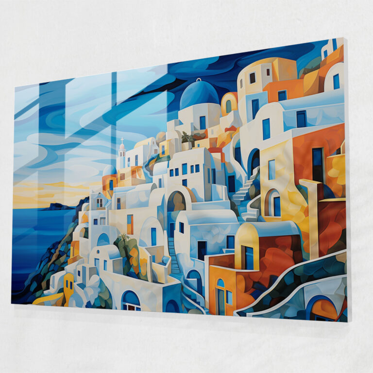Santorini Glass Print - Santorini, Home Decoration, Abstract Acrylic Painting, Glass Art