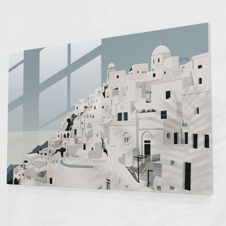 Santorini Glass Art - Santorini, Glass Wall Art, Contrasting Shades, Glass Print