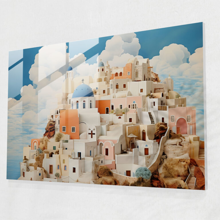 Santorini Glass Print: Dreamlike Reflections - Santorini, Dreamlike Elements, Wall Decoration, Home Decoration