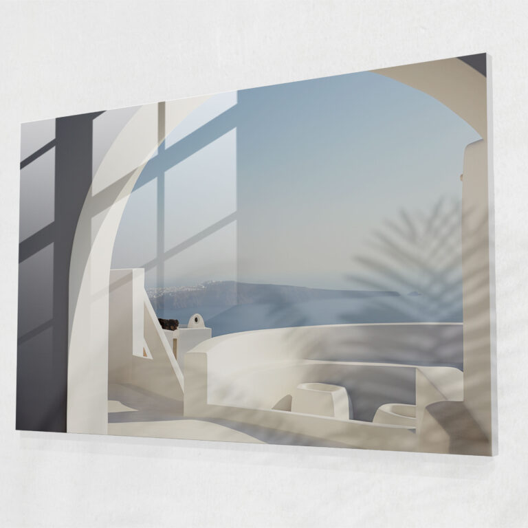 Santorini Glass Print: Architectural Delight - Santorini, Modern Art, Contemporary Photograph, Santorini