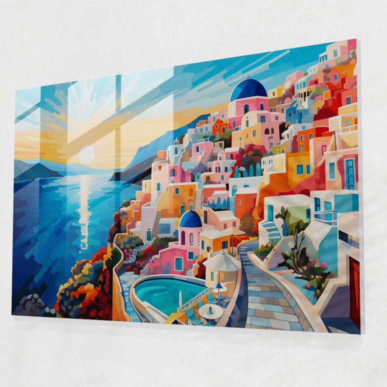 Santorini Glass Wall Decoration: Pop Art Vibes - Santorini, Glass Print, Modern Art, Vibrant Compositions