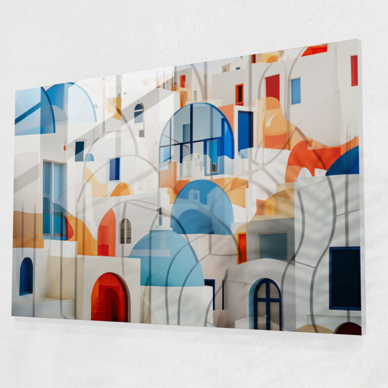 Santorini Glass Art: Geometric Harmony - Santorini, Visual Captivating, Architectural Elements, Modern Art