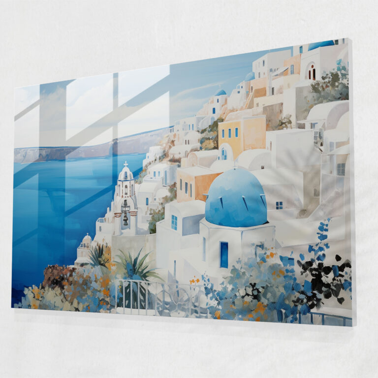 Santorini Glass Print: Luxe Landscapes - Santorini, Modern Luxury, Metallic Accents, Wall Decoration