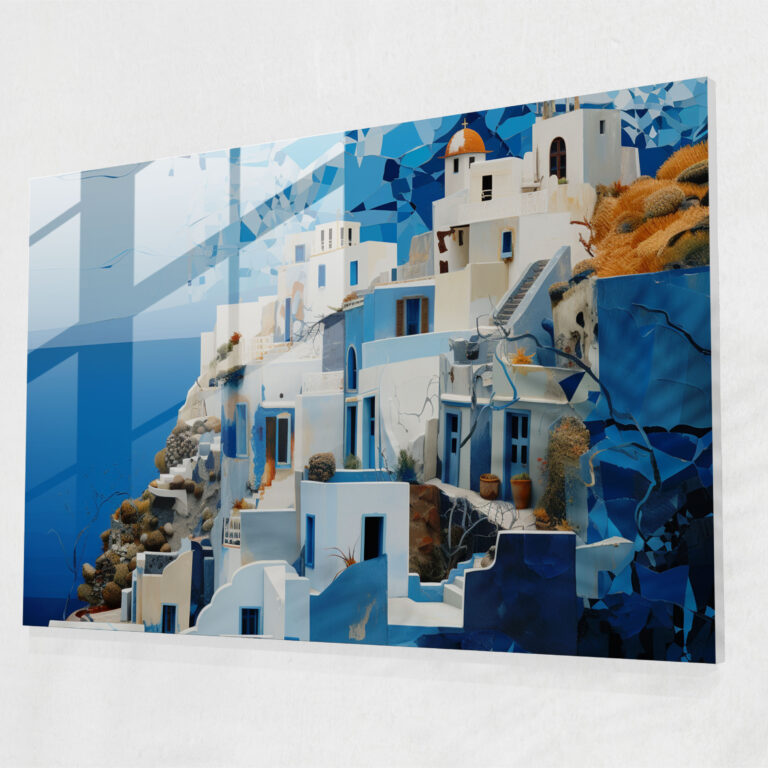 Santorini Digital Collage Glass Print - Santorini, Glass Print, Modern Art, Deep Blue Sea