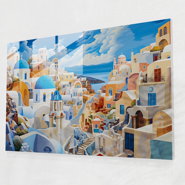 Santorini Surreal Oil Painting Glass Print - Santorini, Home Decoration, Santorini, Famous Caldera