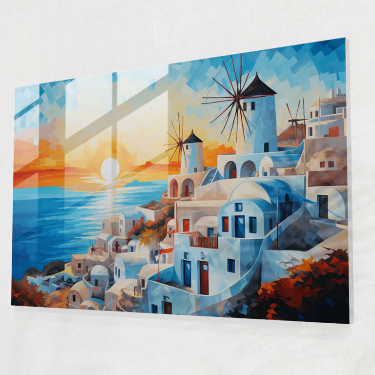 Santorini Contemporary Art Glass Print - Santorini, Abstract Flair, Iconic Windmills, Glass Print