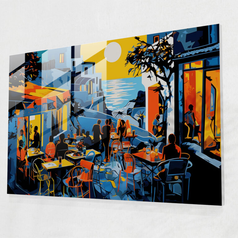 Santorini Pop Art Illustration Glass Print - Santorini, Bold And Energetic Colors, Glass Art, Vibrant Nightlife