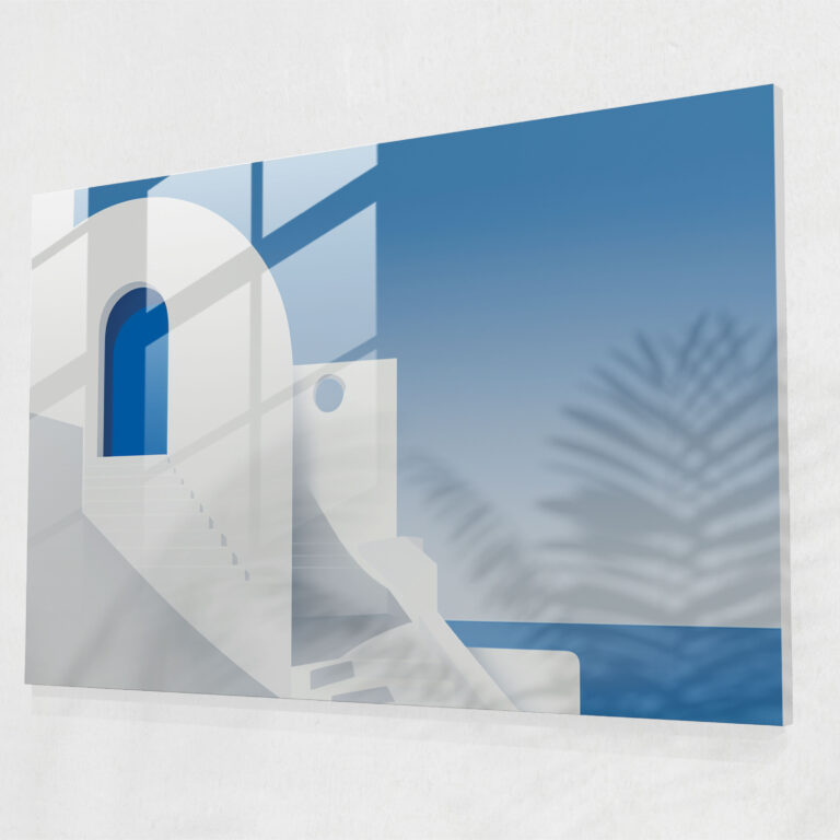 Santorini Minimalist Graphic Glass Print - Santorini, Home Decoration, Santorini, Minimalist Graphic Design