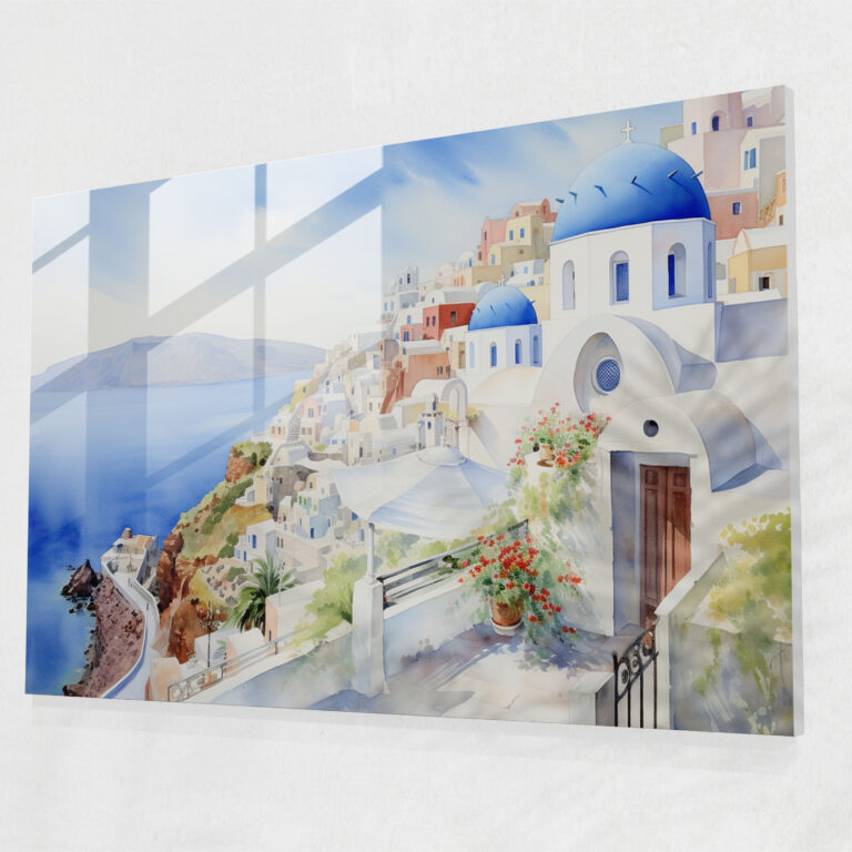 Santorini Watercolor Painting Glass Print - Santorini, Modern Art, Cliffside Villages, Santorini