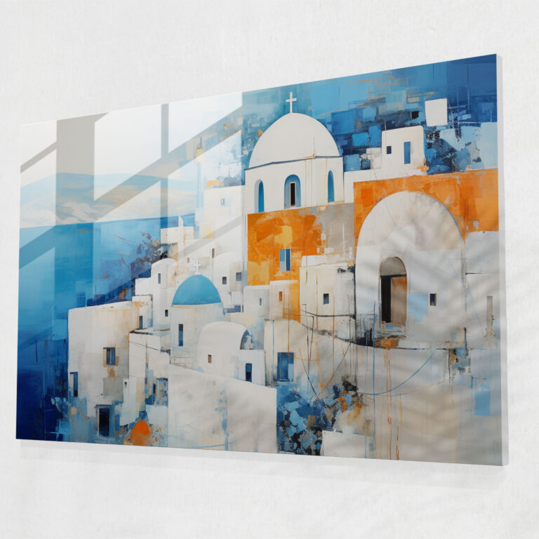 Santorini Mixed Media Glass Print - Santorini, Santorini, Home Decoration, Abstract Elements