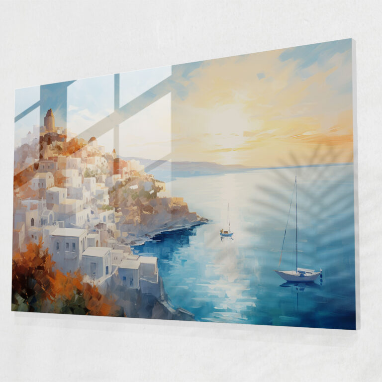 Santorini Glass Print - Impressionist Glass Wall Art - Santorini, Home Decoration, Wall Decoration, Santorini