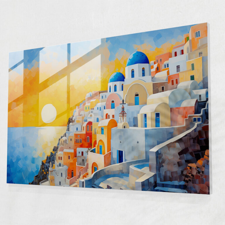 Santorini Glass Print - Santorini, Glass Wall Art, Home Decoration, Vibrant Colors