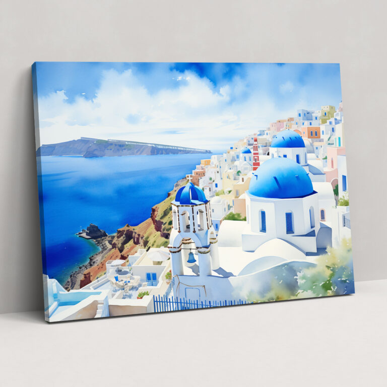Santorini Wall Art - Watercolor Blue-Domed Churches Canvas Print - Santorini, Canvas, Charm, Stunning