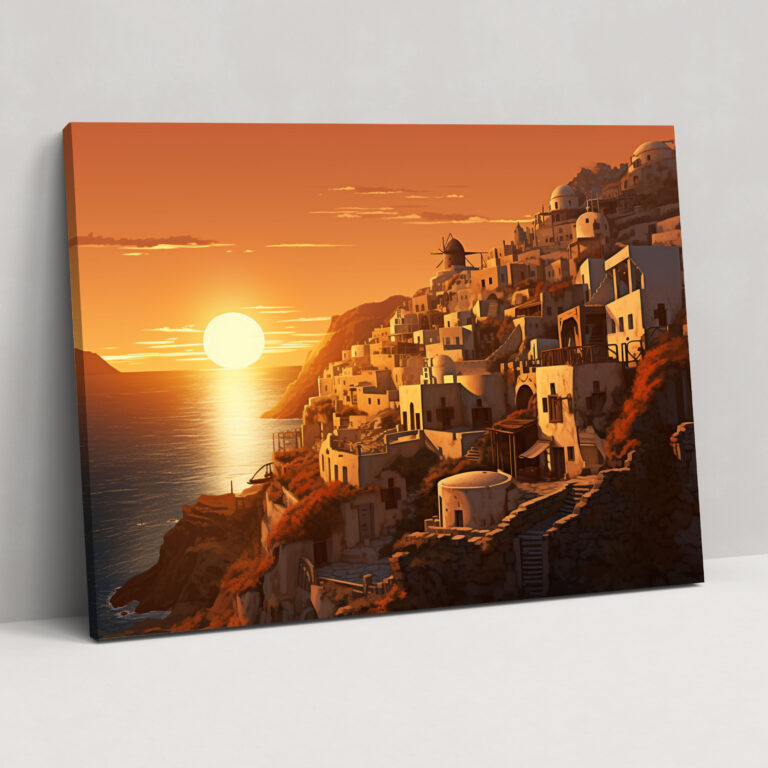 Santorini Canvas Print - Digital Sunset In Oia Wall Art - Santorini, Wall Art, Cliffside Houses, Oia