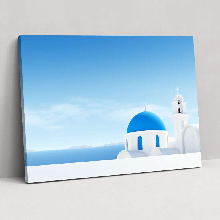 Santorini Canvas Print - Minimalist Blue-Domed Church Wall Art - Santorini, Calming Beauty, Tranquility, Santorini