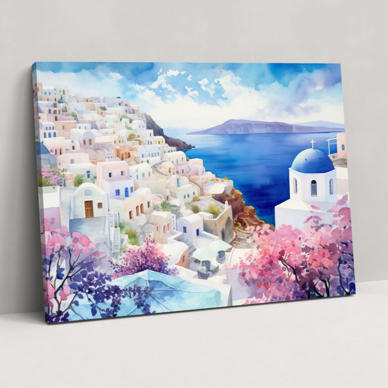 Santorini Canvas Print - Watercolor Village Wall Decoration - Santorini, Santorini, Canvas Print, Canvas