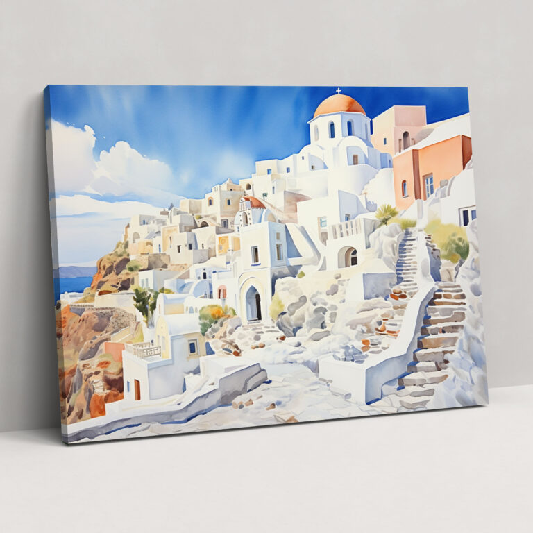 Santorini Canvas Print - Santorini, Wall Art, Watercolor Painting, White Houses