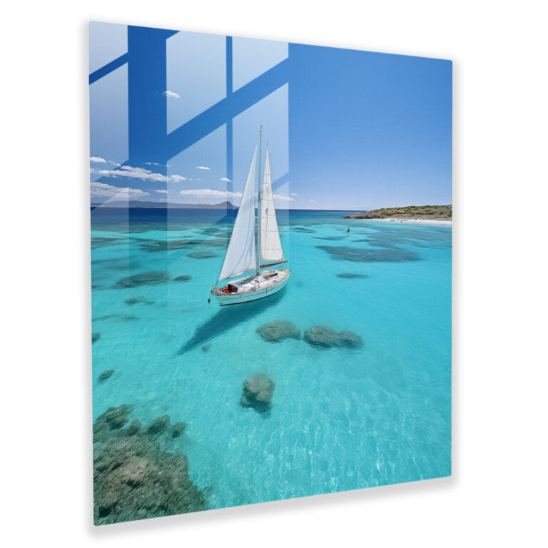 Turquoise Serenade Glass Print - Sailboat, Glass Print, Wall Decoration, Crystal Clear Turquoise Sea