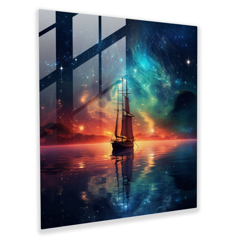 Starry Voyage Glass Print - Sailboat, Cosmic Charm, Sailboat, Nebulae