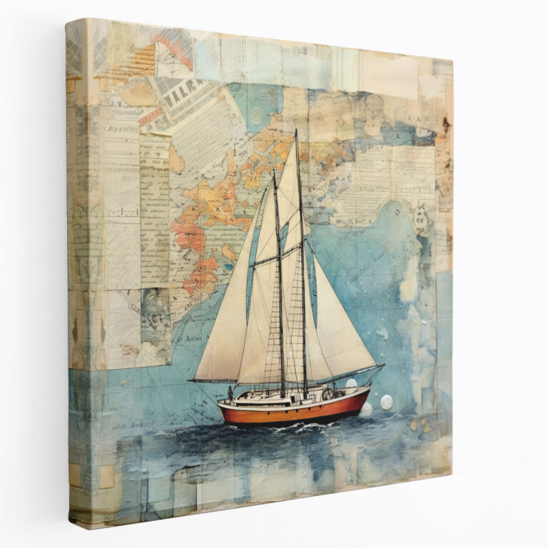 Sailboat Wall Decoration - Vintage Journey - Canvas Print - Sailboat, Unique Collage, Vintage Maps, Mixed Media