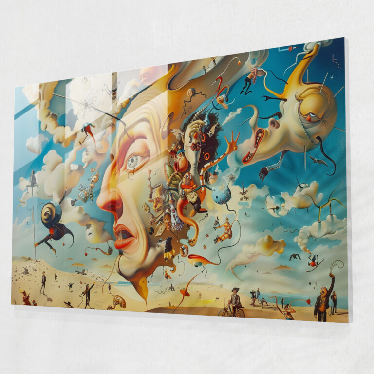 Vibrant Dream World Glass Print - Salvador Dali, Vibrant Dream World, Whimsical Characters, Salvador Dali