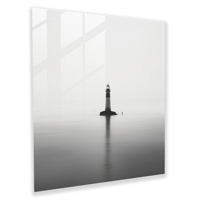 Seascape Glass Print - Minimalist Lighthouse - Seascape, Guidance, Black And White Photograph, Glass Print