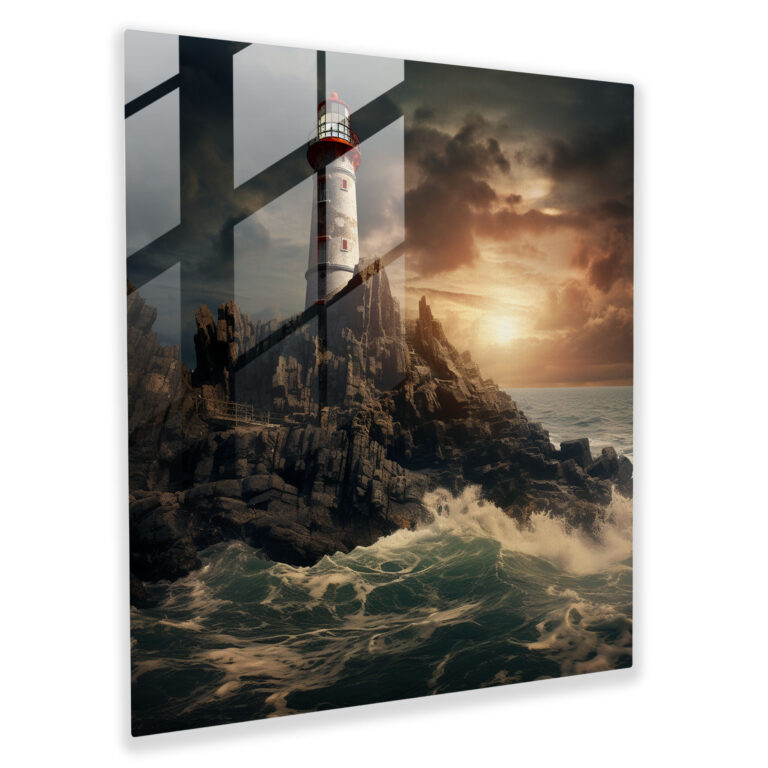 Seascape Glass Print - Realistic Photograph Of Lighthouse On Rocky Cliff - Seascape, Modern Art, Glass Art, Glass Wall Art