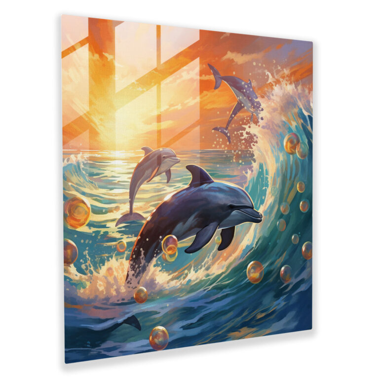 Seascape Glass Print - Whimsical Dolphins Painting - Seascape, Wall Decoration, Glass Print, Glass Art