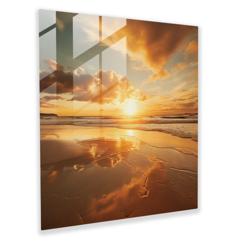 Seascape Glass Print - Sunset Reflections On Sandy Beach - Seascape, Glass Print, Contemporary Photograph, Home Decoration