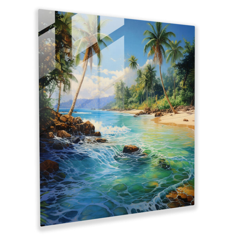 Seascape Glass Print - Photorealistic Tropical Paradise Painting - Seascape, Wall Decoration, Seascape, Photorealistic Painting