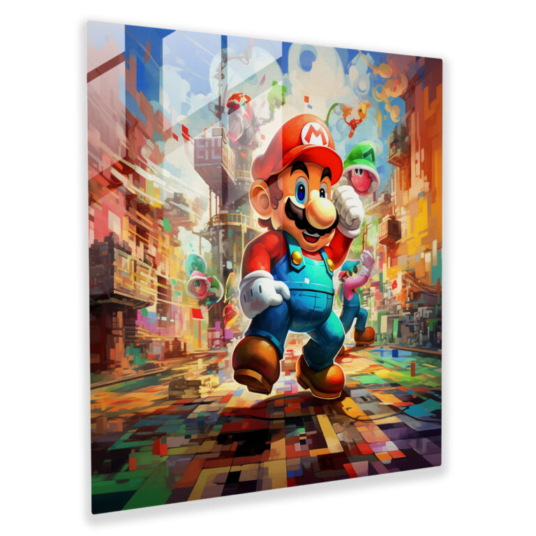 Avant-Garde Cubist Glass Print - Mario, Luigi, and Toad's Pixel Land Exploration - Glass Wall Decoration