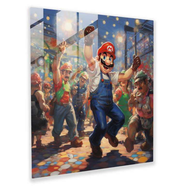 Vibrant Neo-Impressionist Glass Print - Mario, Luigi, and the Gang's Lively Carnival Dance - Home Wall Decoration