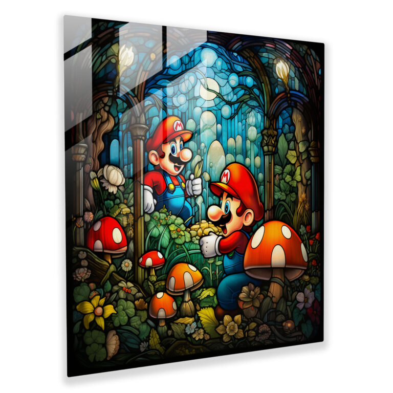 Enchanting Art Nouveau Glass Print - Mario and Friends in a Whimsical Forest - Glass Wall Art