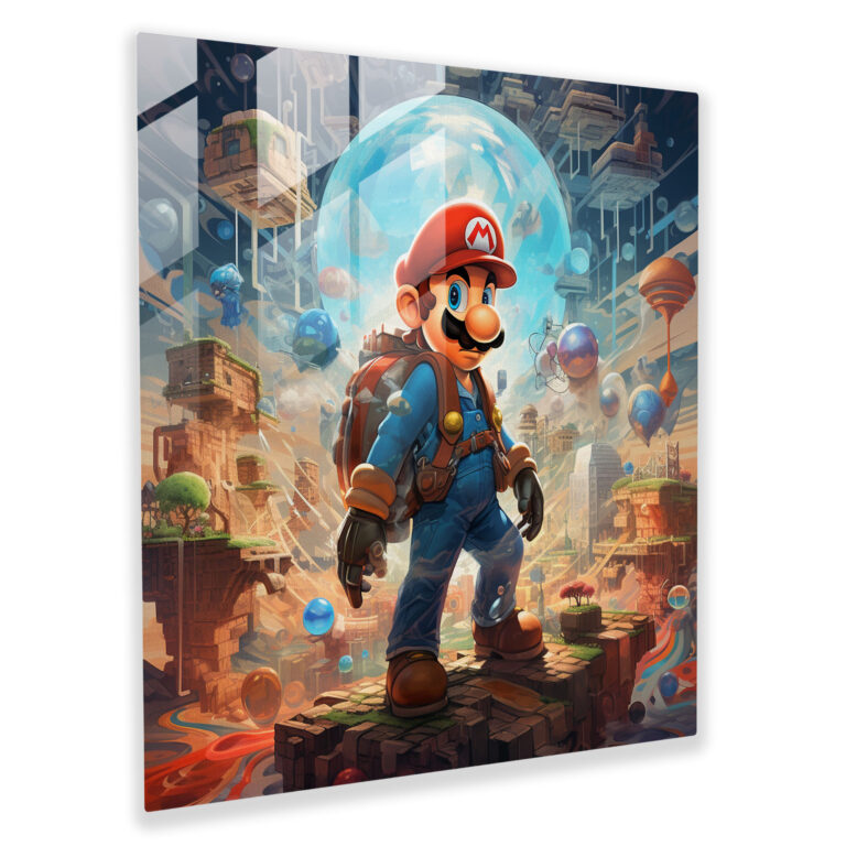 Futuristic Glass Print - Mario, the Hero of the Technological Landscape - Modern Wall Decoration