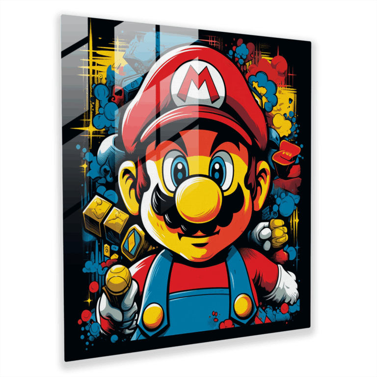 Vibrant Glass Print - Pop Art-inspired Super Mario Illustration