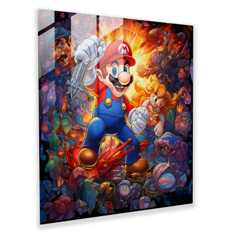 Mesmerizing Stained Glass Print Featuring a Colorful Explosion of Super Mario Characters