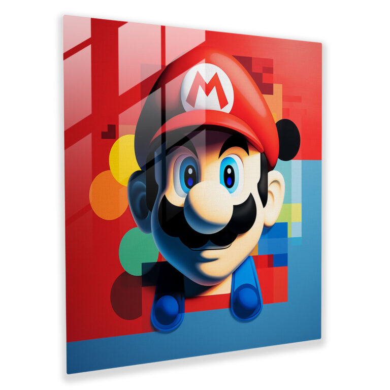 Elegant Geometric Glass Print Showcasing Mario's Iconic Silhouette in a Minimalist Masterpiece