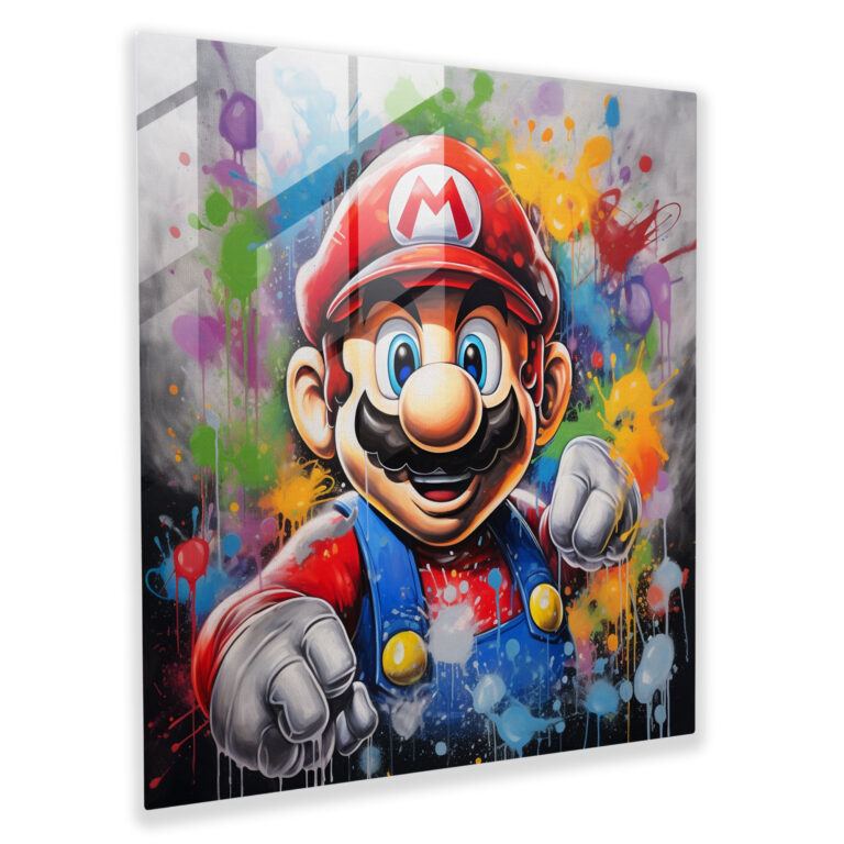 Street Art Graffiti Glass Print - Mario's Empowerment in the Urban Jungle - Eye-catching Wall Decoration Glass Wall Art