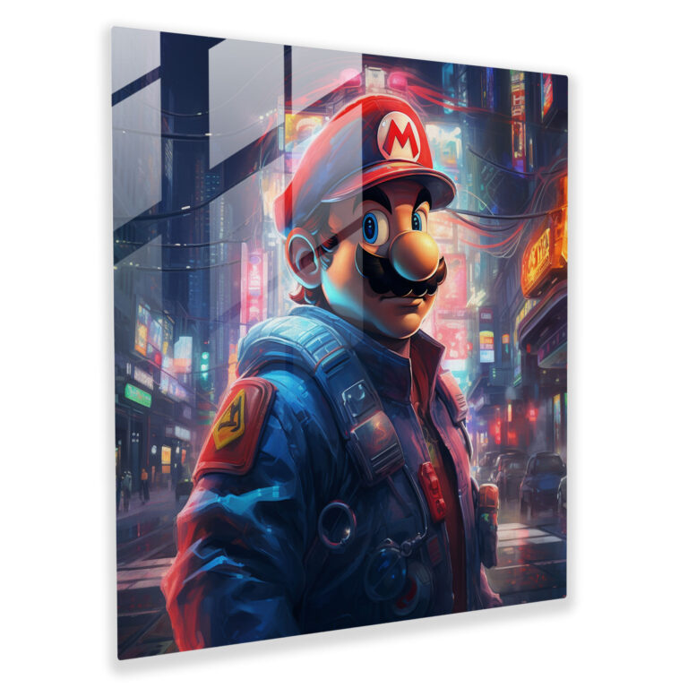 Cyberpunk Neon Glass Print - Mario's Futuristic Adventure - Cutting-edge Home Decoration Glass Wall Art