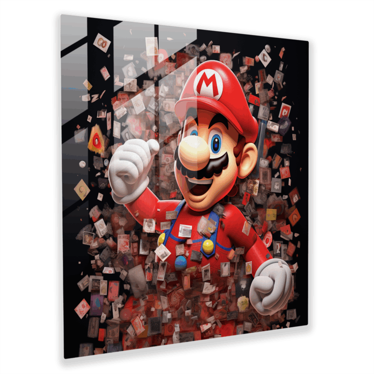 Contemporary Collage Glass Print - Mario's Mosaic Adventures - Unique Wall Decoration Glass Wall Art