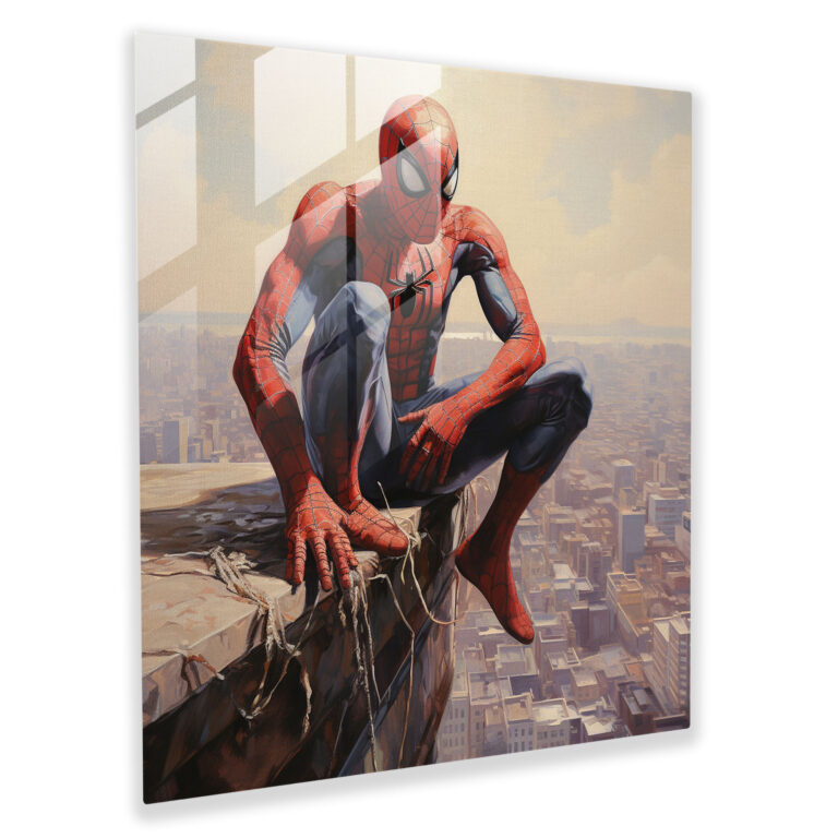 Spider-Man Realistic Oil Painting Glass Print - Spider Man, Warm Color Palette, Home Decoration, Skyscraper
