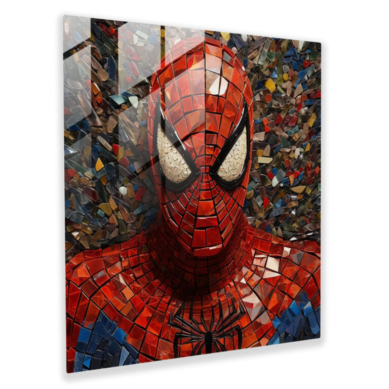 Mosaic Spider Man Glass Print - Spider Man, Spider Man, Intricate Portrait, Home Decoration