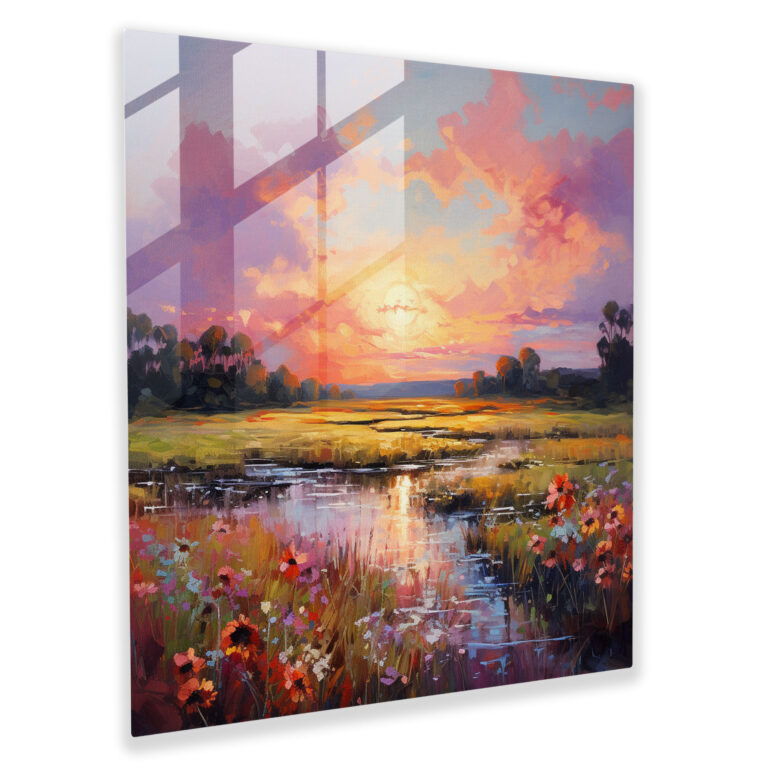 Serene Sunrise Glass Print - Sunrise, Oil Painting, Home Decoration, Modern Art