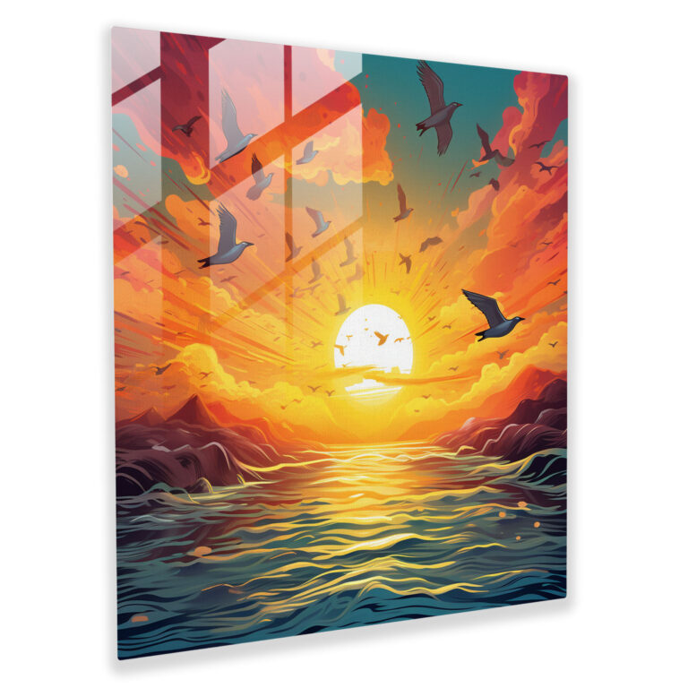 Flight Of Dawn Glass Print - Sunrise, Digital Illustration, Wall Decoration, Sunrise