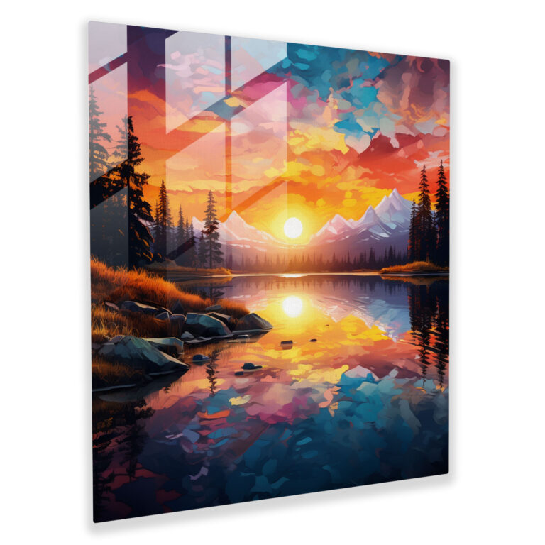 Reflective Horizons Glass Print - Sunrise, Digital Landscape Art, Glass Wall Art, Serenity