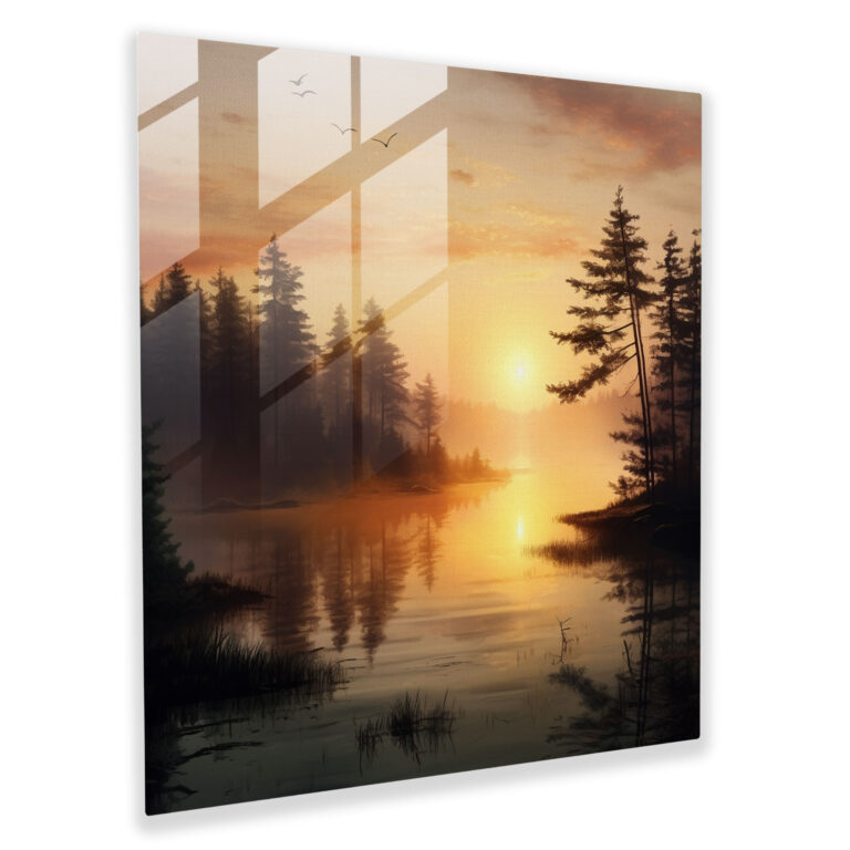 Misty Lake Sunrise Glass Print - Sunrise, Serenity, Glass Art, Home Decoration