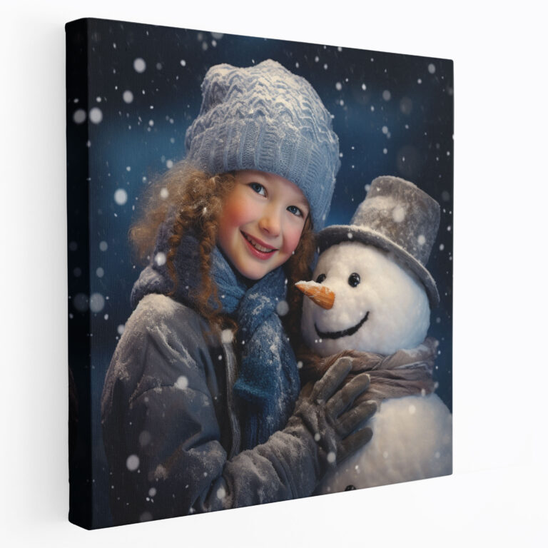 Friendly Snowman Canvas Print Wall Decoration - Snowman, Warmth, Joyful, Falling Snowflakes