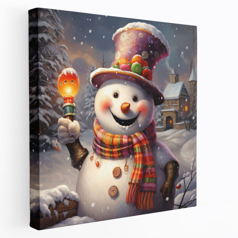Colorful Winter Snowman Canvas Print Wall Decoration - Snowman, Vibrant Colors, Happiness, Pop Of Color