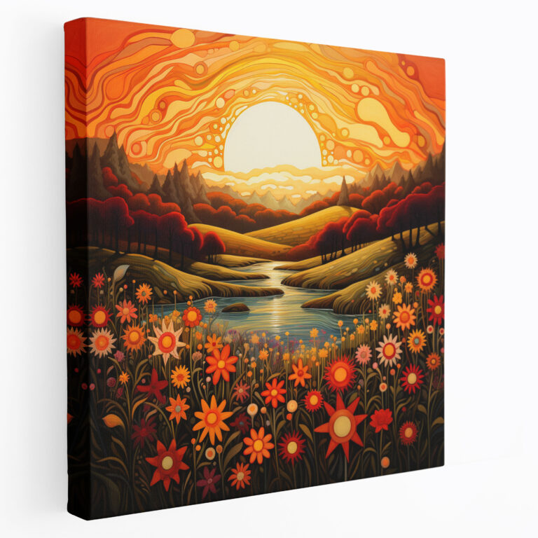 Sunrise Wall Decoration - Whimsical Meadow Canvas Print - Sunrise, Colorful Flowers, Sun, Canvas